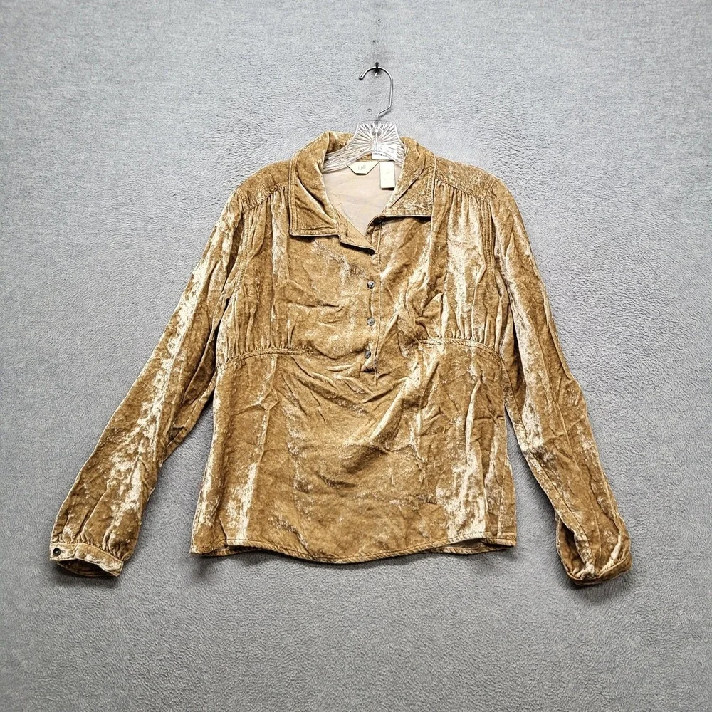 J. Jill Women Blouse S Gold Velour Collared‎ Long Sleeve
